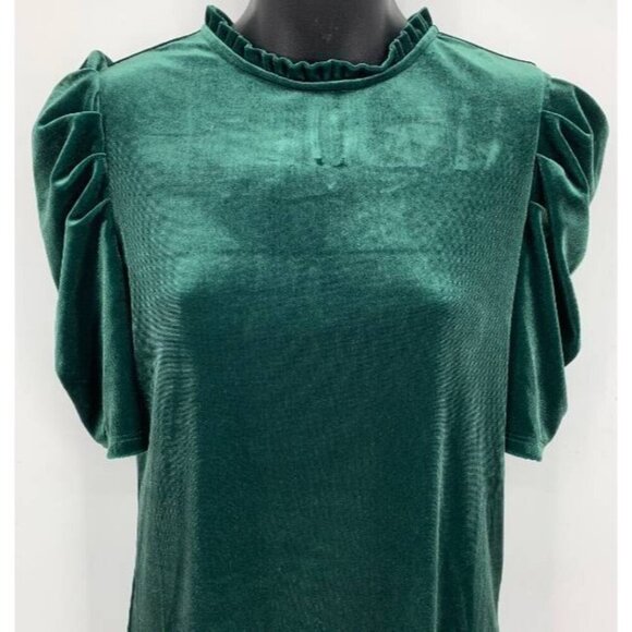 CeCe Womens Blouse Top Small S Green Velvet Short Sleeve High Neck Stretch New - Picture 2 of 6